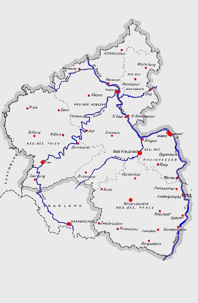 Karte des neuen Landes Rheinland-Pfalz  mit den früheren Regierungsbezirken:  Koblenz, Montabaur, Trier und Rheinhessen-Pfalz 